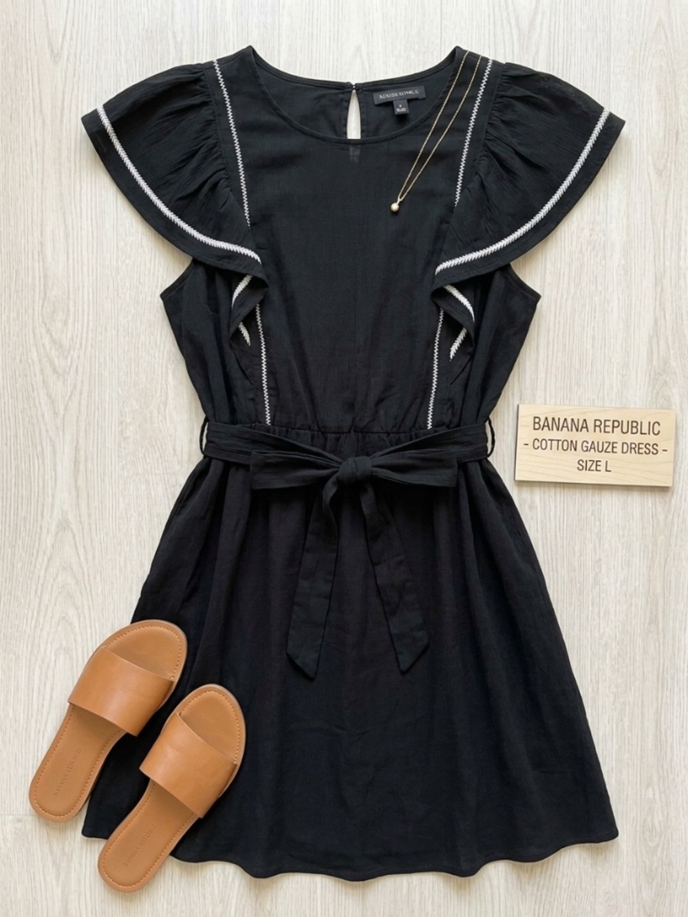 Banana Republic Black Gauze Flutter Sleeve Fit Flare Midi Dress Size Large